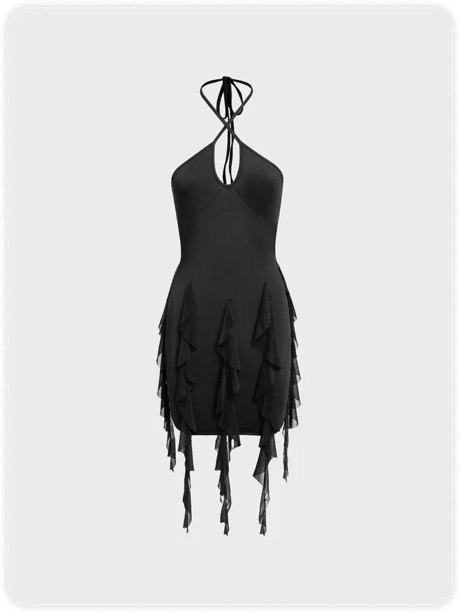 Black Ruffle Lace Mini Dress