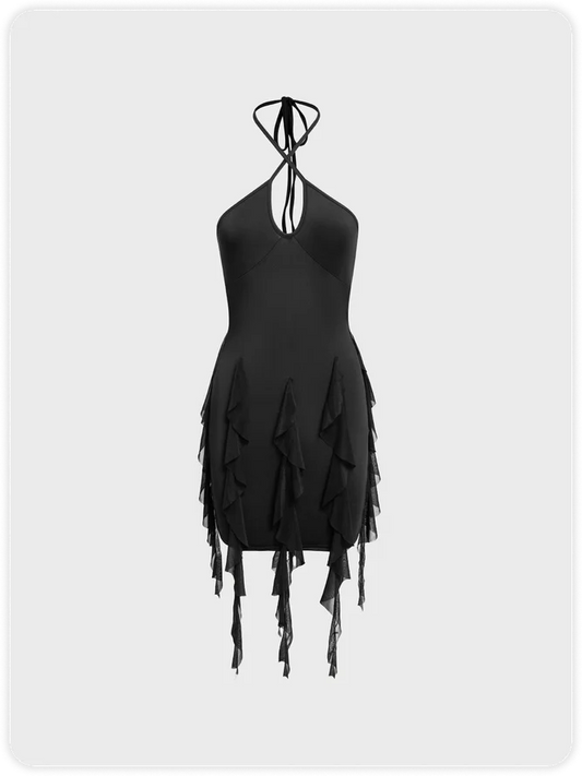 Black Ruffle Lace Mini Dress