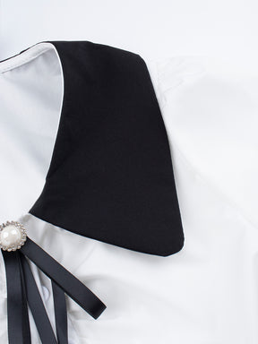 Black and White Lapel Pockets Shirt Crop Top with Pearl Ribbon Accessory