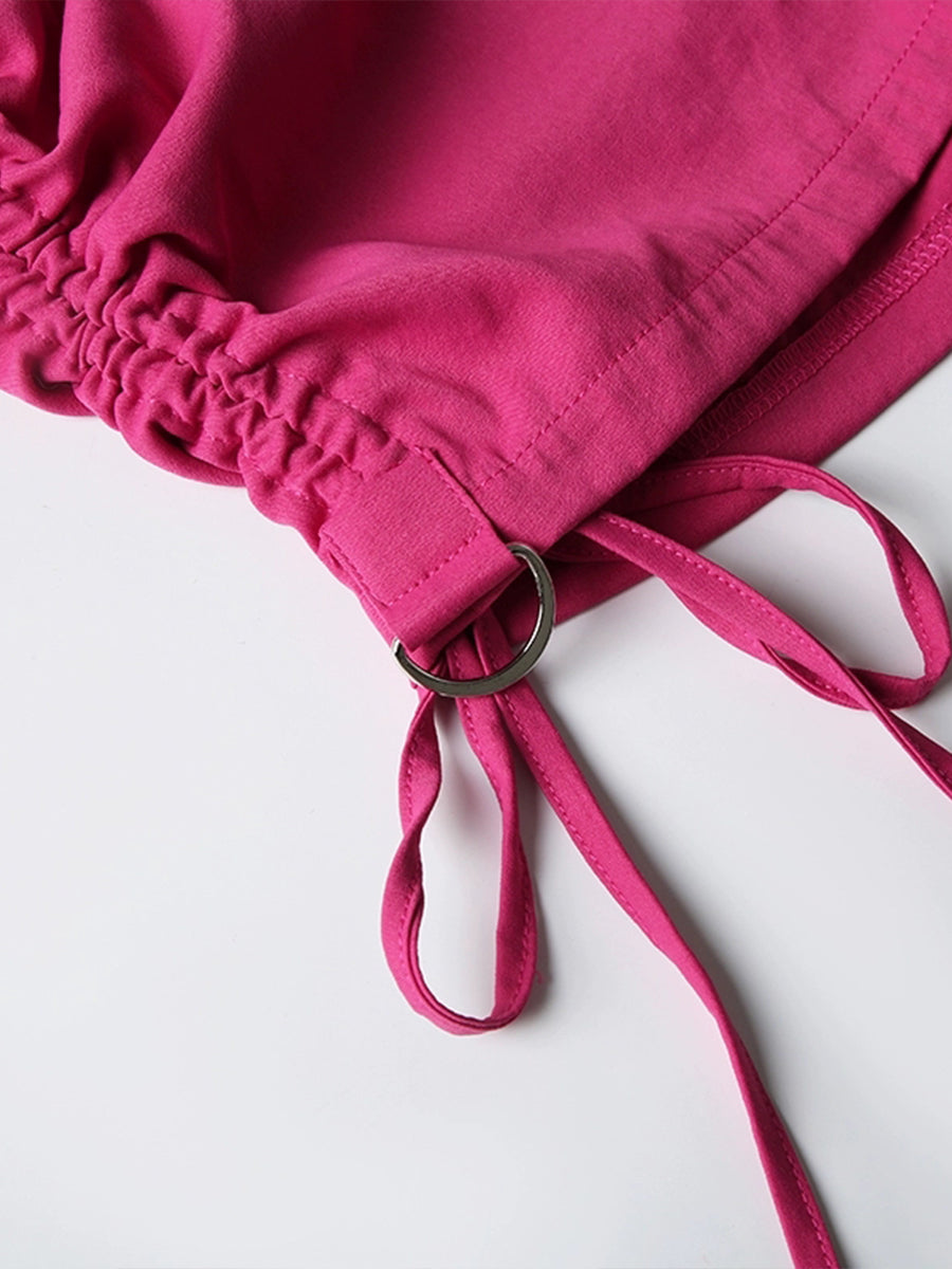 Pink Low Waisted Drawstring Ruched Tie Side Skinny Shorts