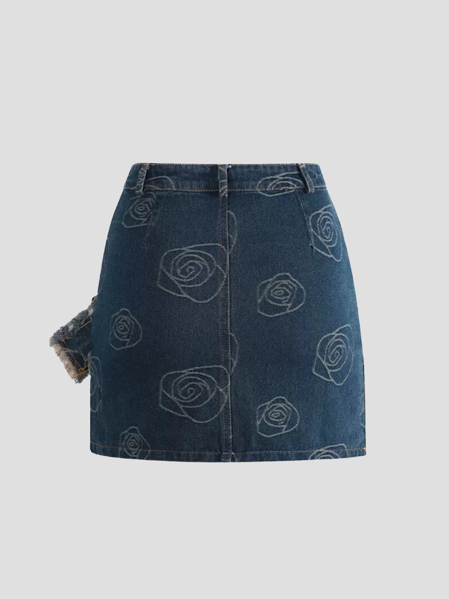 Rose Printed Belt Decoration Blue Denim Skirt