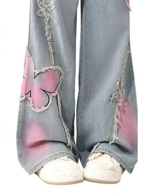 Butterfly Patchwork Loose Frayed Hem Jeans