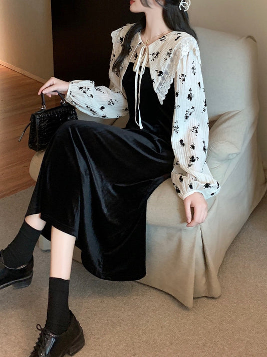 Long Sleeve Rose Shirt Black Cami Dress