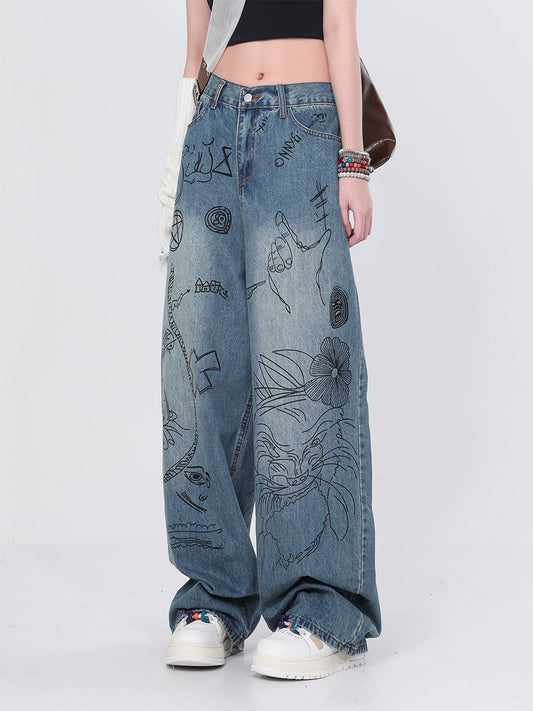 Vintage Loose Black Graffiti Print Casual Jeans