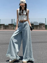 Solid Color Irregular Pockets Loose Tassel Hem Blue Jeans