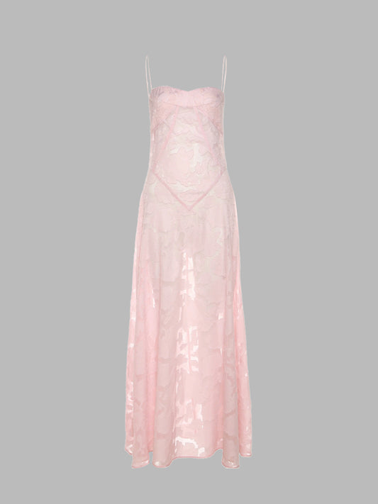 Sheer Lace Pink Floral Midi Dress