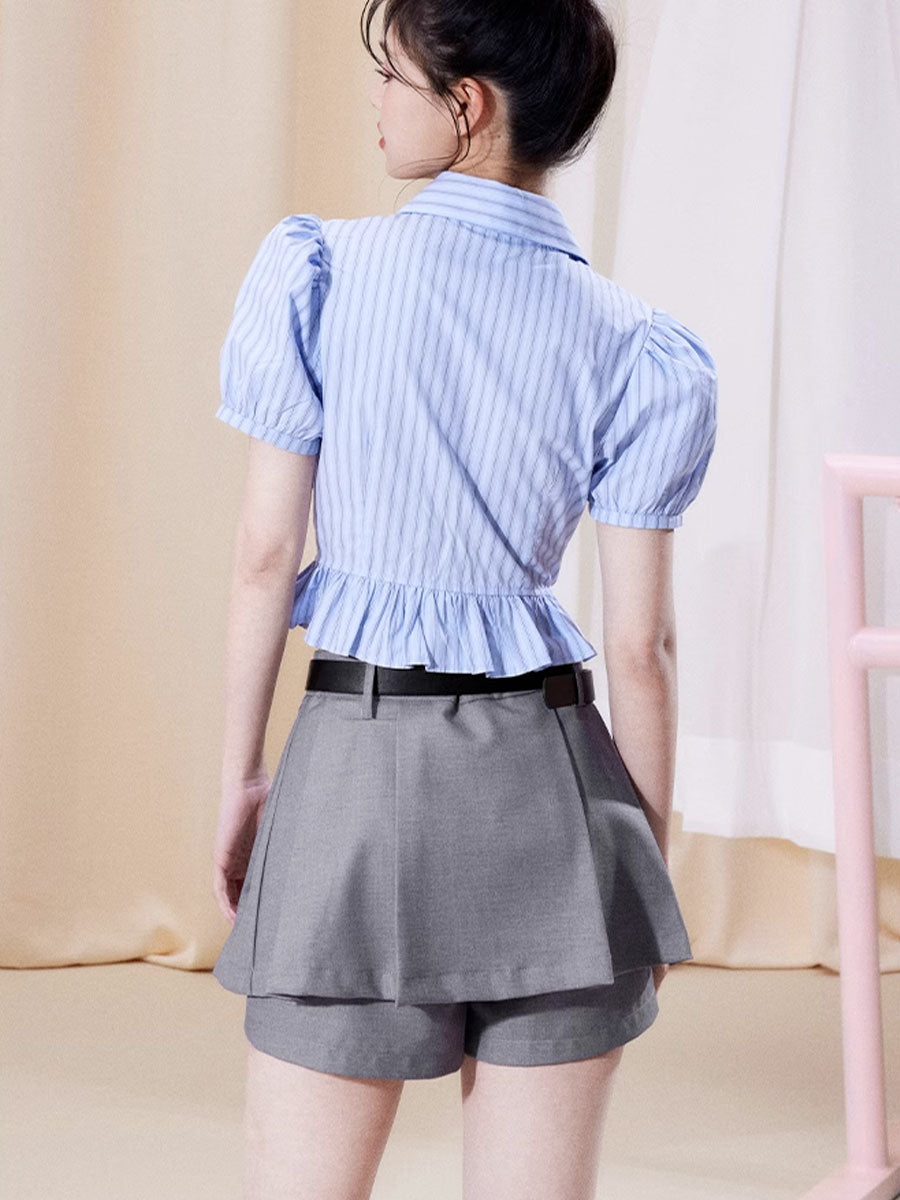 Bubble Sleeve Plaid Shirt Top + Fake Two Piece Shorts Set