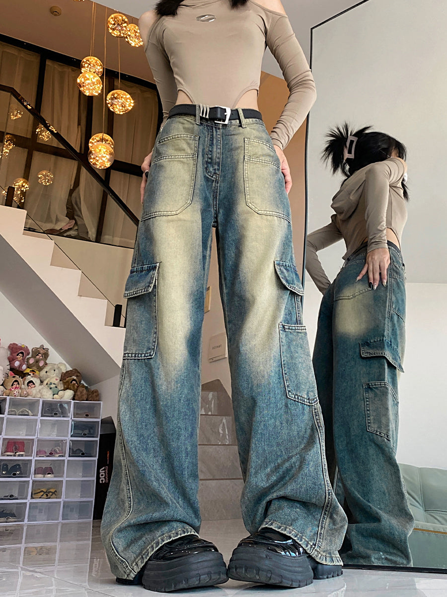 Vintage Large Pocket Straight Leg Denim Jeans