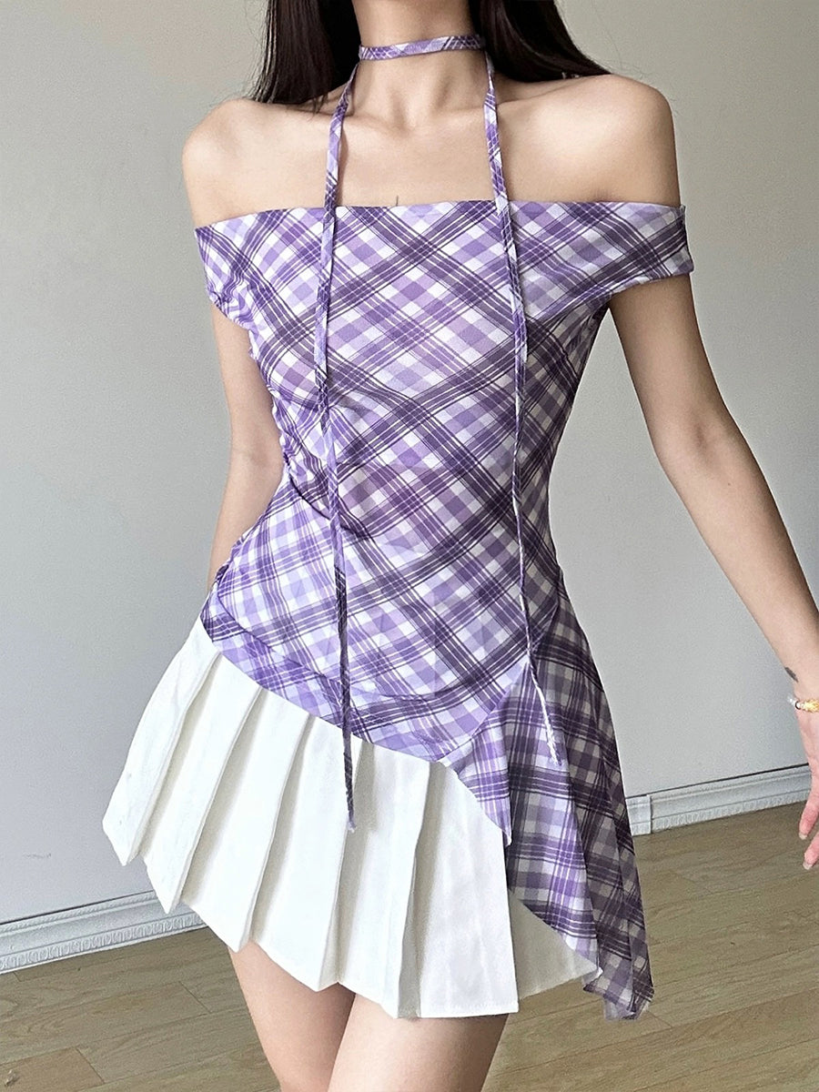 Purple Plaid Strapless Irregular Top