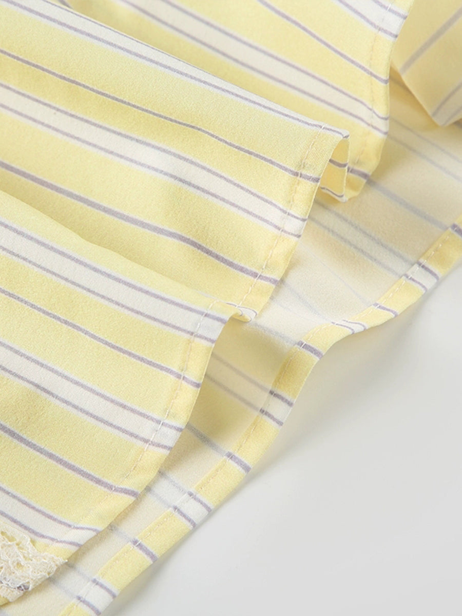 Yellow Striped Elastic Lace Trim Shorts