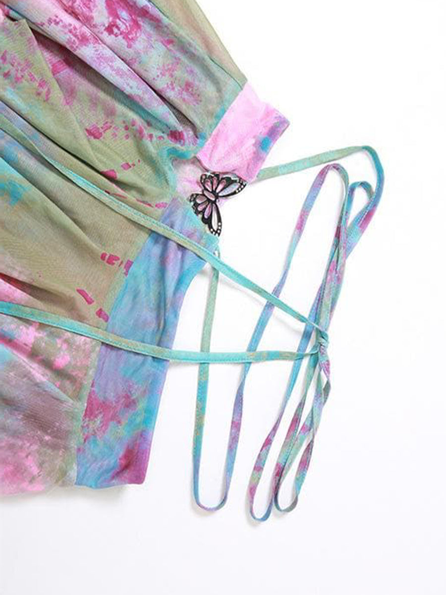 Flared Sleeve Tie Dye O Ring Self Tie Halter Low Cut Mini Skirt Set
