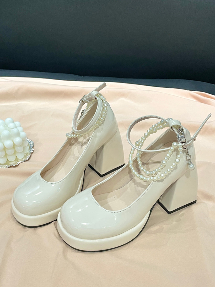 Women's Round Toe Mary Jane Heels Shoes with Double Layered Pearls Chain