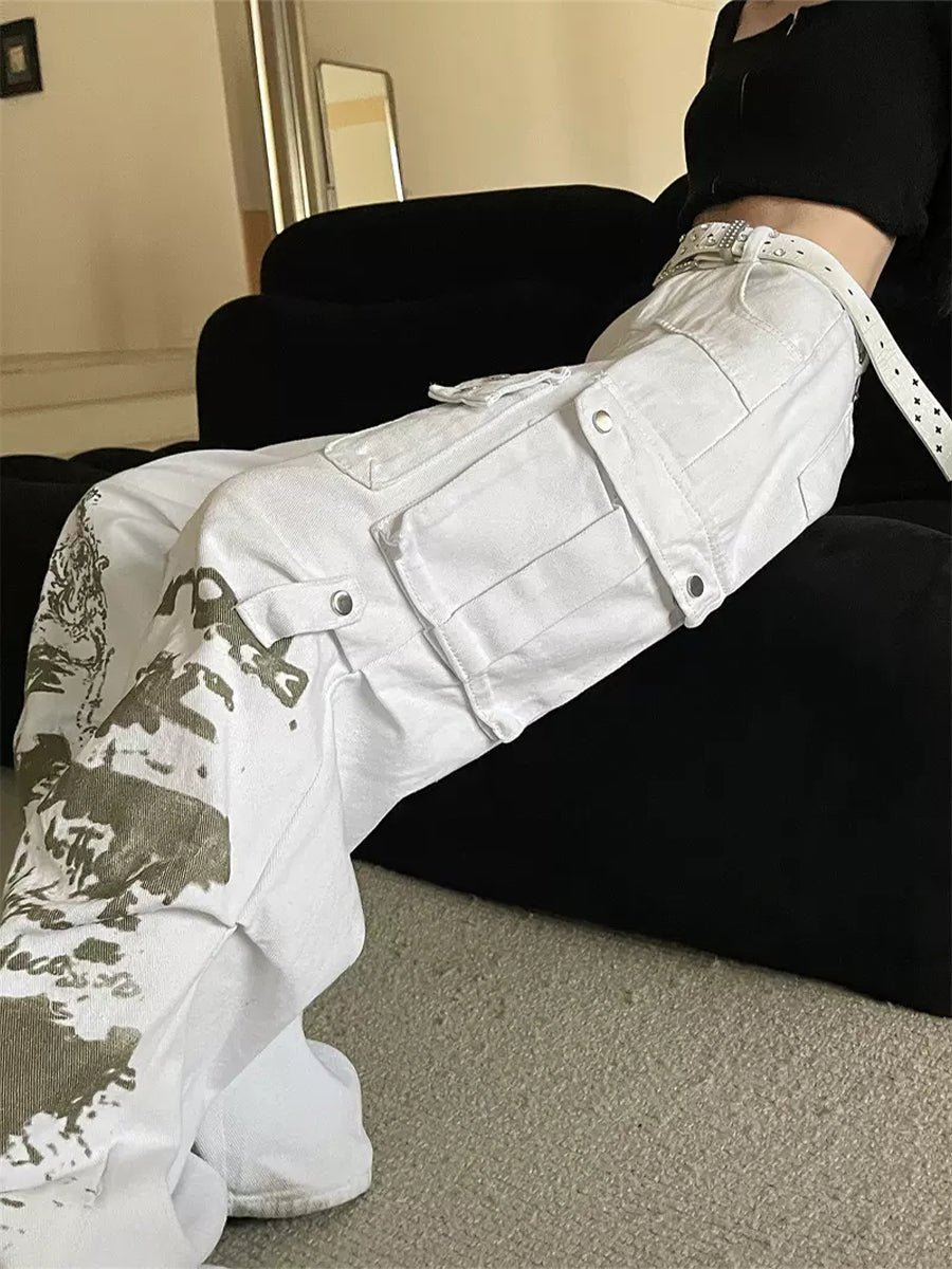 Casual Graffiti White Loose Jeans