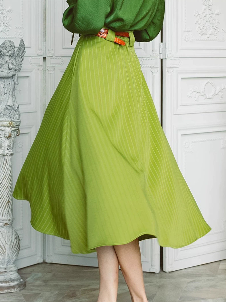 Women's Classy Fall/Winter Green Line Long Skirt with Belt