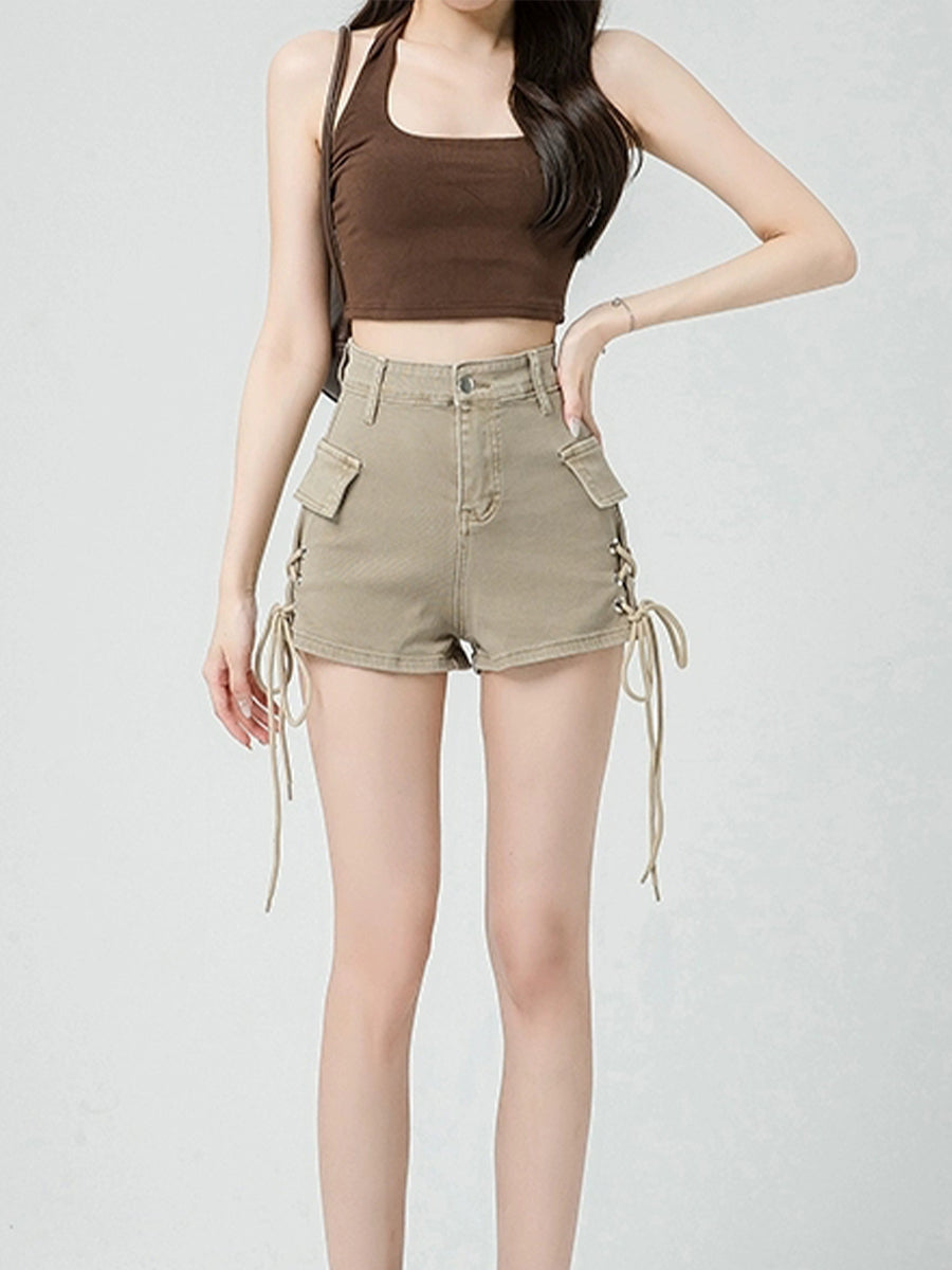 Solid Color Drawstring Fake Pocket Deco Denim Shorts