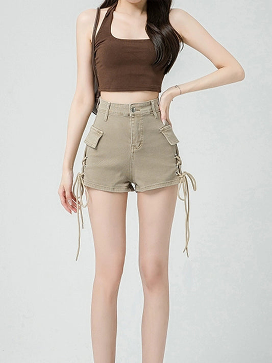 Solid Color Drawstring Fake Pocket Deco Denim Shorts