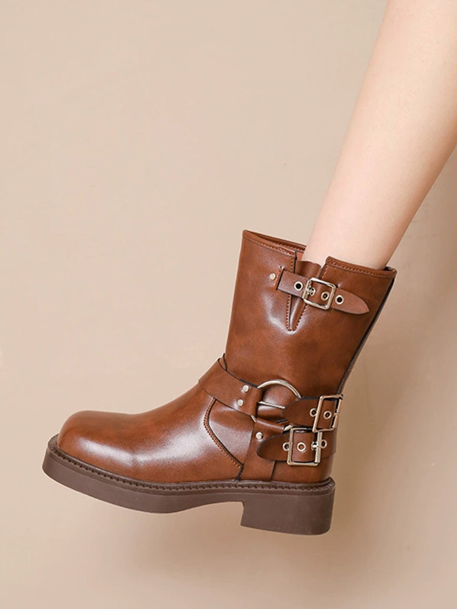 Women's Western Buckle Straps Chunky Heeled Side Zip Boots