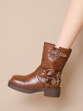 Women's Western Buckle Straps Chunky Heeled Side Zip Boots