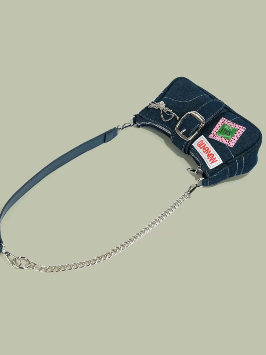 Chain Denim Baguette Handbag