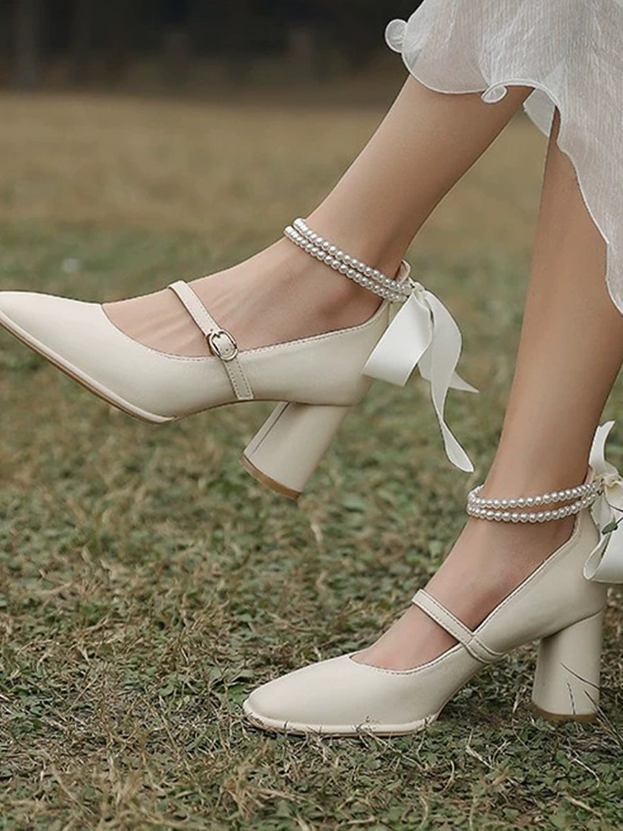 Square Toe Block Heels Mary Jane Pumps with Double Layered Pearls Chain