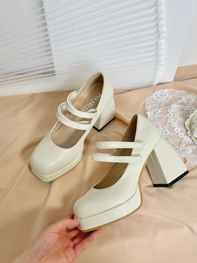 Buckle Decor Platform Chunky Heel White Mary Janes Shoes