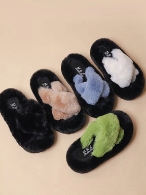 Criss Cross Straps Casual Indoors Slippers Fluffy Faux Fuzzy Fur  Slides