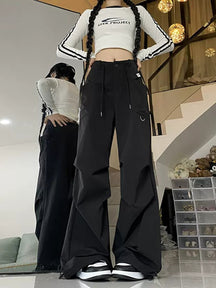 Solid Color Casual Loose Waist Drawstring Pants