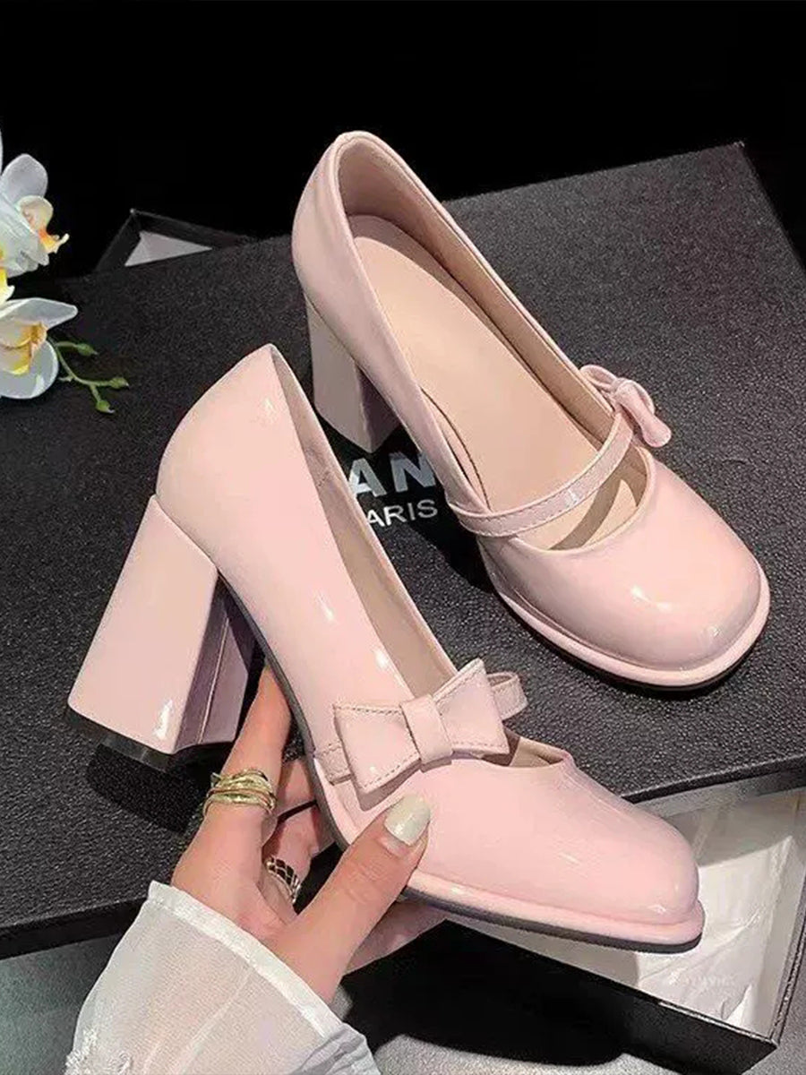 Bow Tie Decoration Chunky Heeled Ankle Strap Mary Jane Pumps Shoes