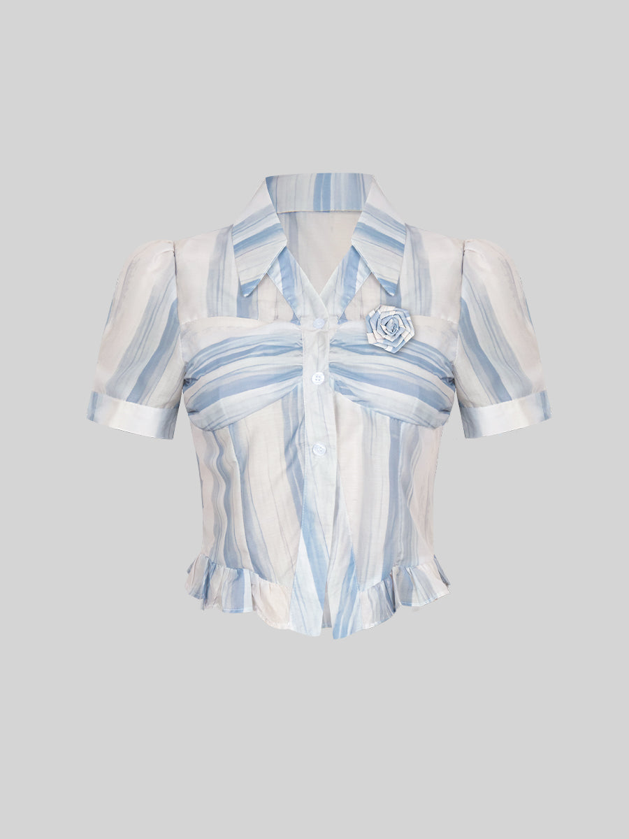 Blue Bubble Sleeve Plaid Shirt Top + Skirt Set