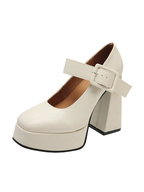 White Buckle Decor Platform Chunky Heel Mary Janes Shoes