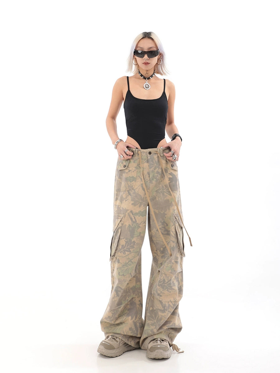 Camouflage Wide-Leg Cargo Drawstring Casual Pants
