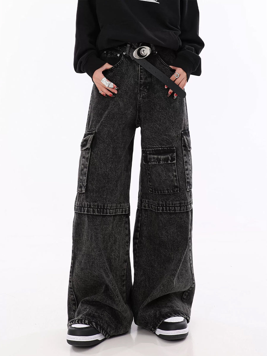 Vintage Black Irregular Loose Cargo Jeans