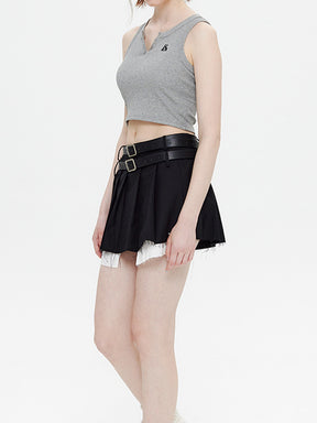 Fake Two Piece Belt Pleated Skirt