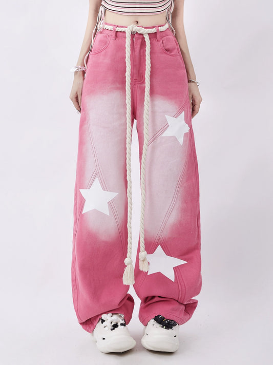 Y2K Pink Loose White Stars Print Jeans with Belted Rope