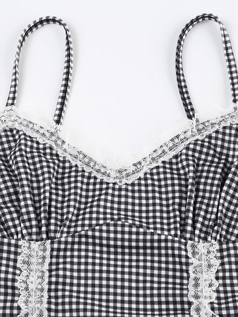 Lace Spliced Black and White Plaid Camisole Top