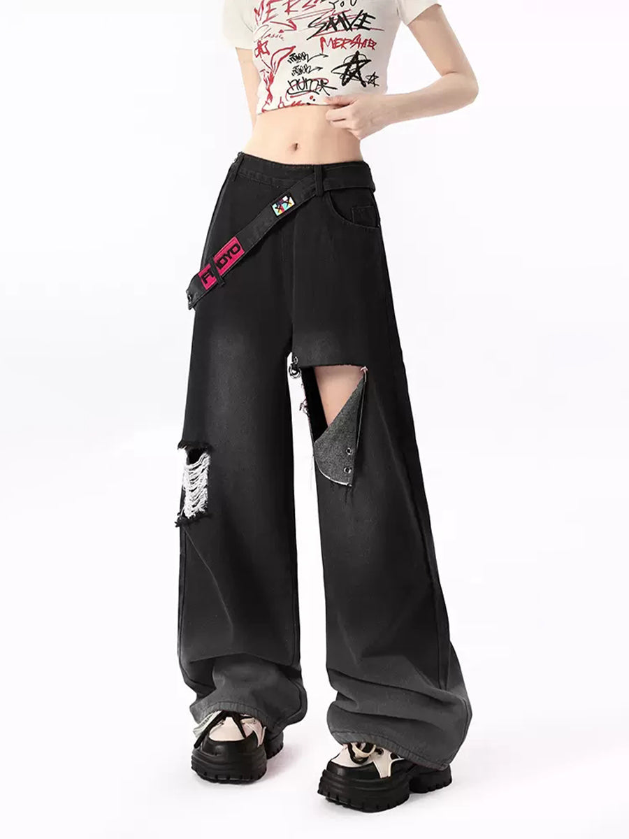 Solid Color Loose Fit Side Zipper Jeans