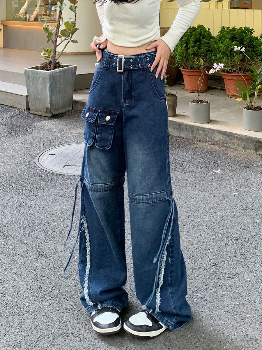 Blue Ripped Loose Fit Denim Jeans with Belt