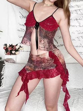 Red Lace Patchwork Print Chiffon Camisole Top + Skirt Two Piece Set