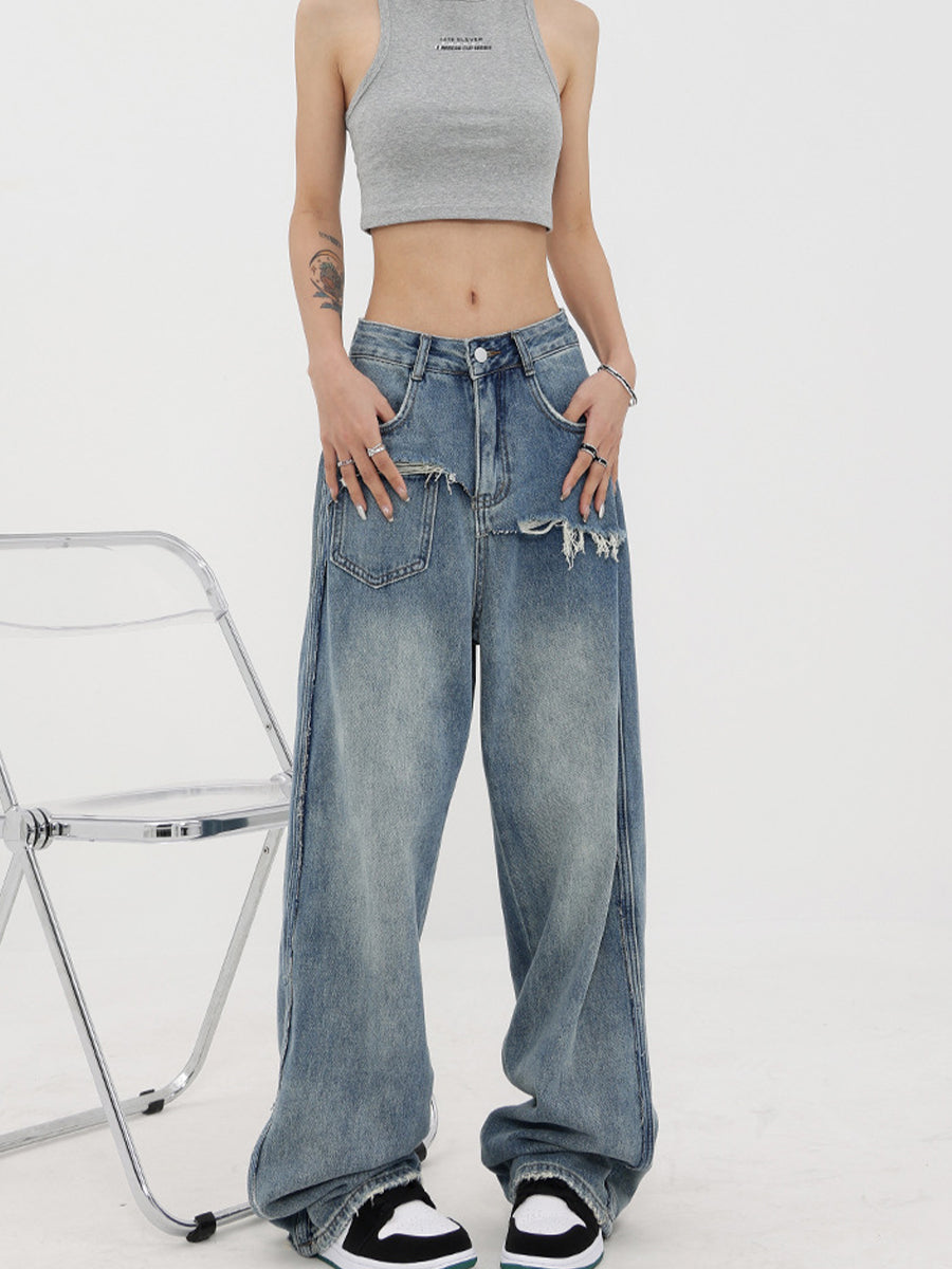 Vintage Design Loose Low Rise Straight Leg Blue Denim Jeans