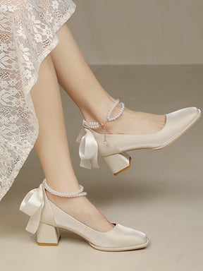 Women's Pointed Toe Chunky Heel Pumps With Pearls & Bowknots Beaded Decoration