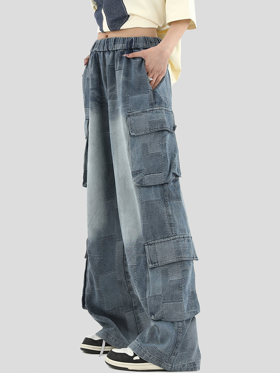 Street Blue Multi Pocket Loose Plaid Casual Jeans