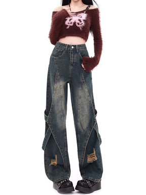 High Waisted Loose Fake Two Piece Jeans