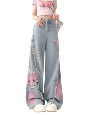 Butterfly Patchwork Loose Frayed Hem Jeans