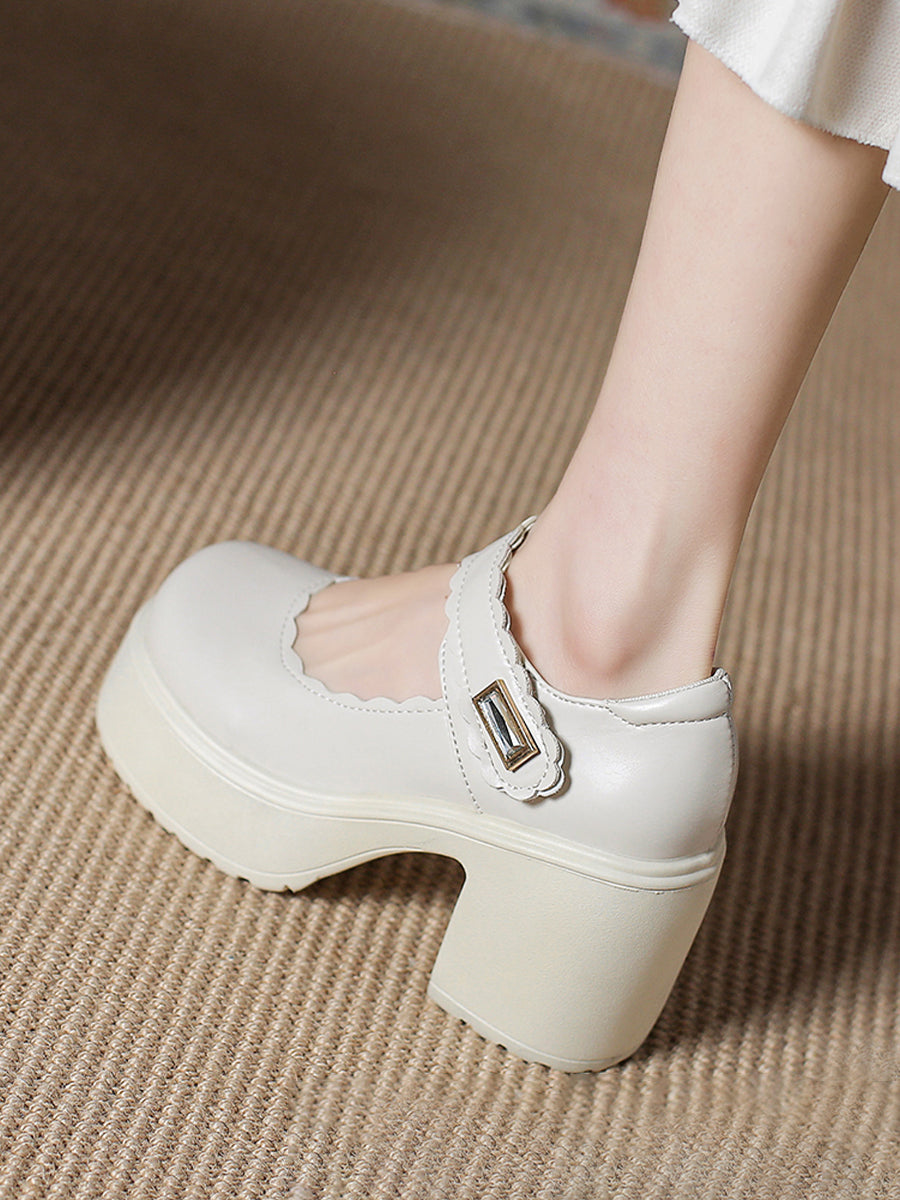 White Buckle Decor Platform Chunky Heel Wave Mary Janes Shoes