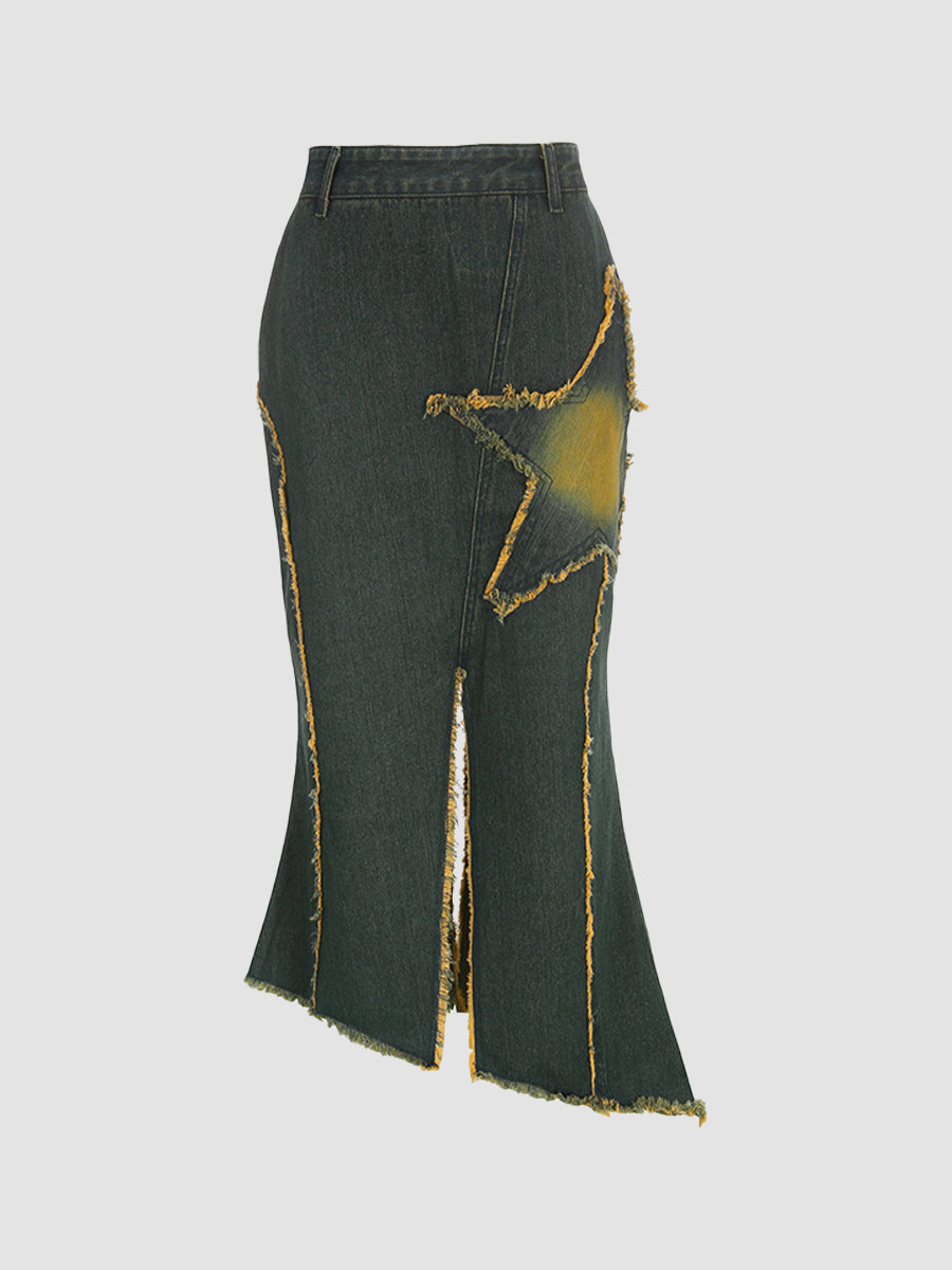 Star Irregular Hem Denim Long Skirt