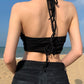 Women Lace Up Sexy Hollow Black and Grey Halter Bodysuits Two Piece Set