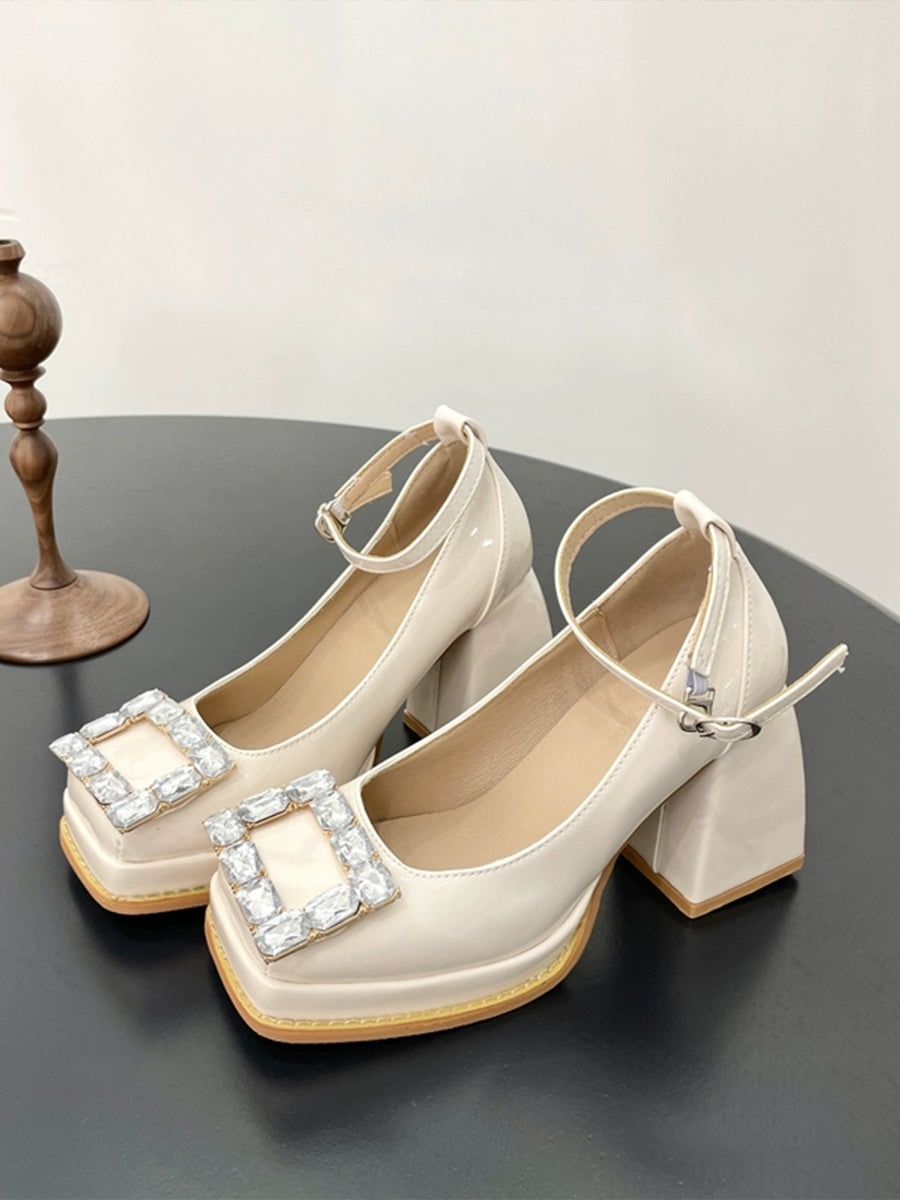 Light Crystal Embellished Square Toe Mary Jane Heels Shoes