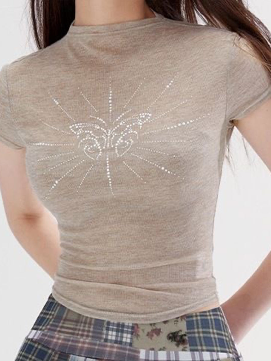 Butterfly Rhinestone Slim Short Sleeve Top
