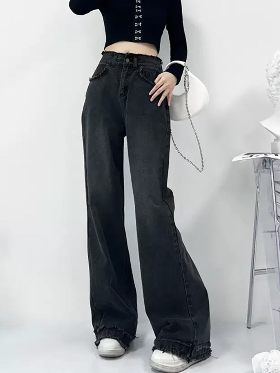 Solid Color Single Button High Waist Loose Jeans