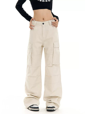 Solid Color Casual High Waist Loose Cargo Pants